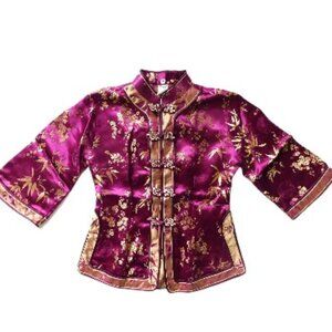 Chinese Vietnamese Purple Woven 3/4 Sleeve  Jacket Size S ( XXS-XS) Frog Closure